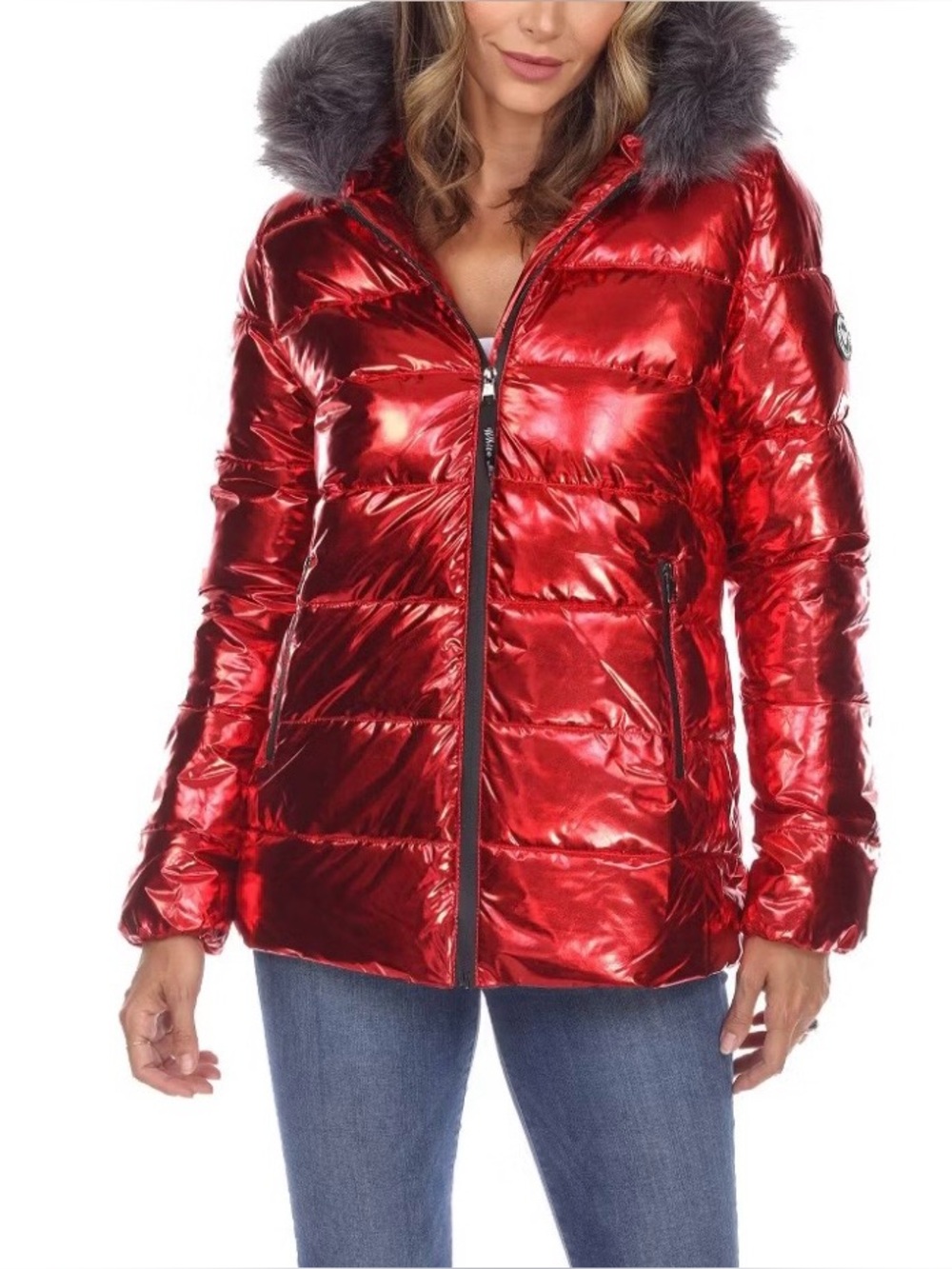 White Mark Metallic Red Puffer Jacket with Faux Fur Trim